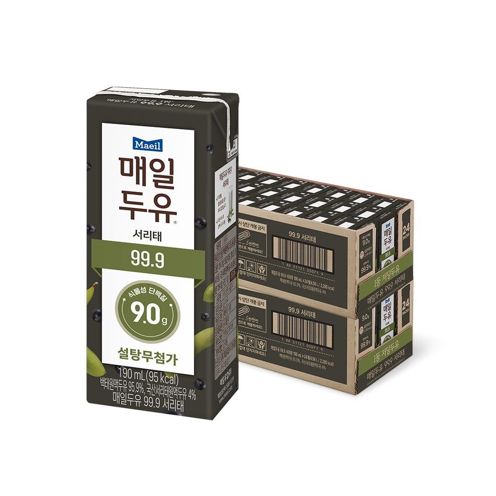 매일두유 99.9 서리태, 원액두유 99.9%와 설탕무첨가, 식물성 단백질로 구성된 1등 저당두유