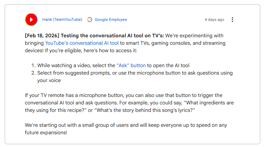 유튜브 ‘Ask’ 버튼을 전면에 내세운 대화형 AI 기능을 TV 환경에 도입