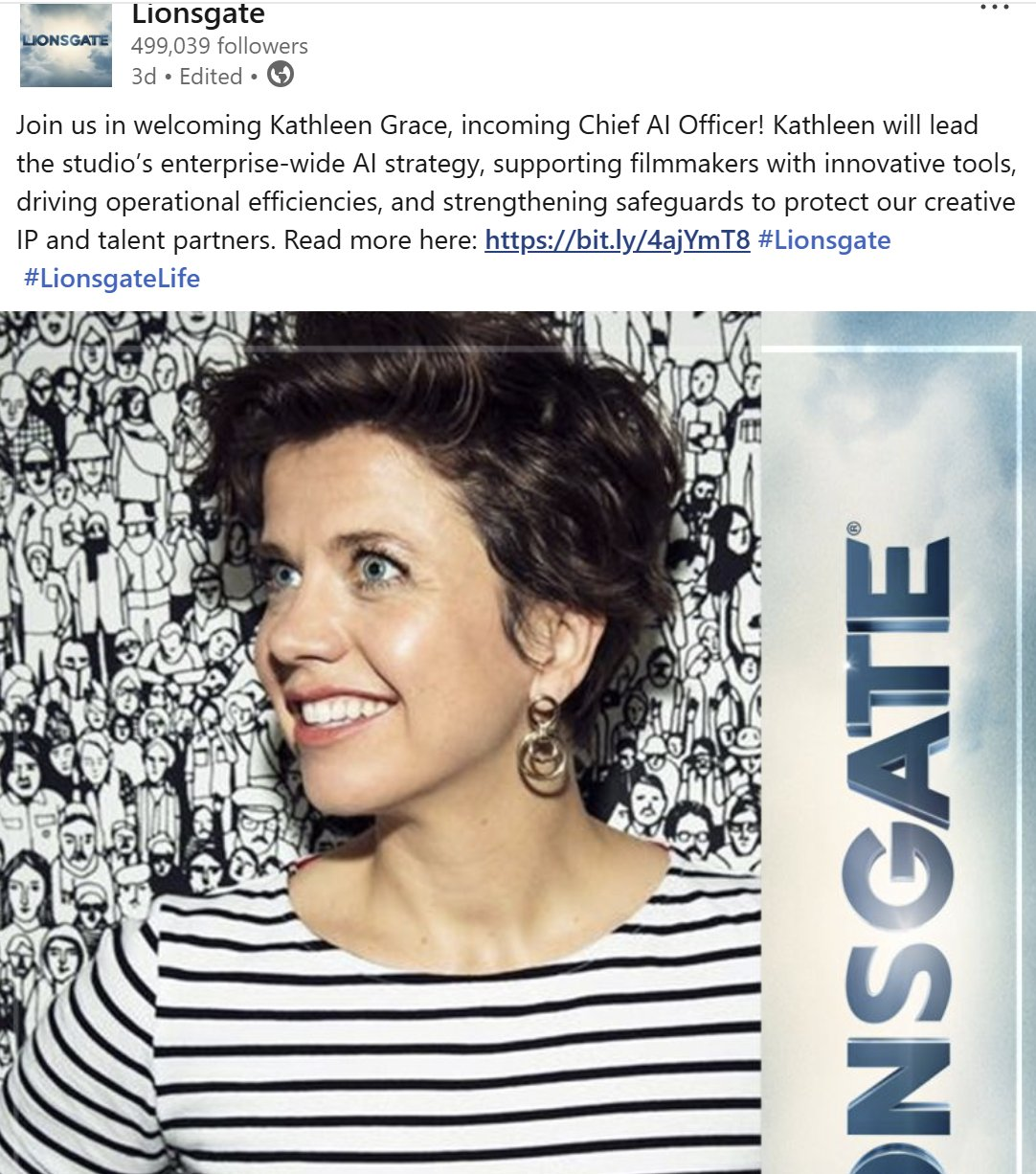 Lionsgate LinkedIn post announcing Kathleen Grace as Chief AI Officer