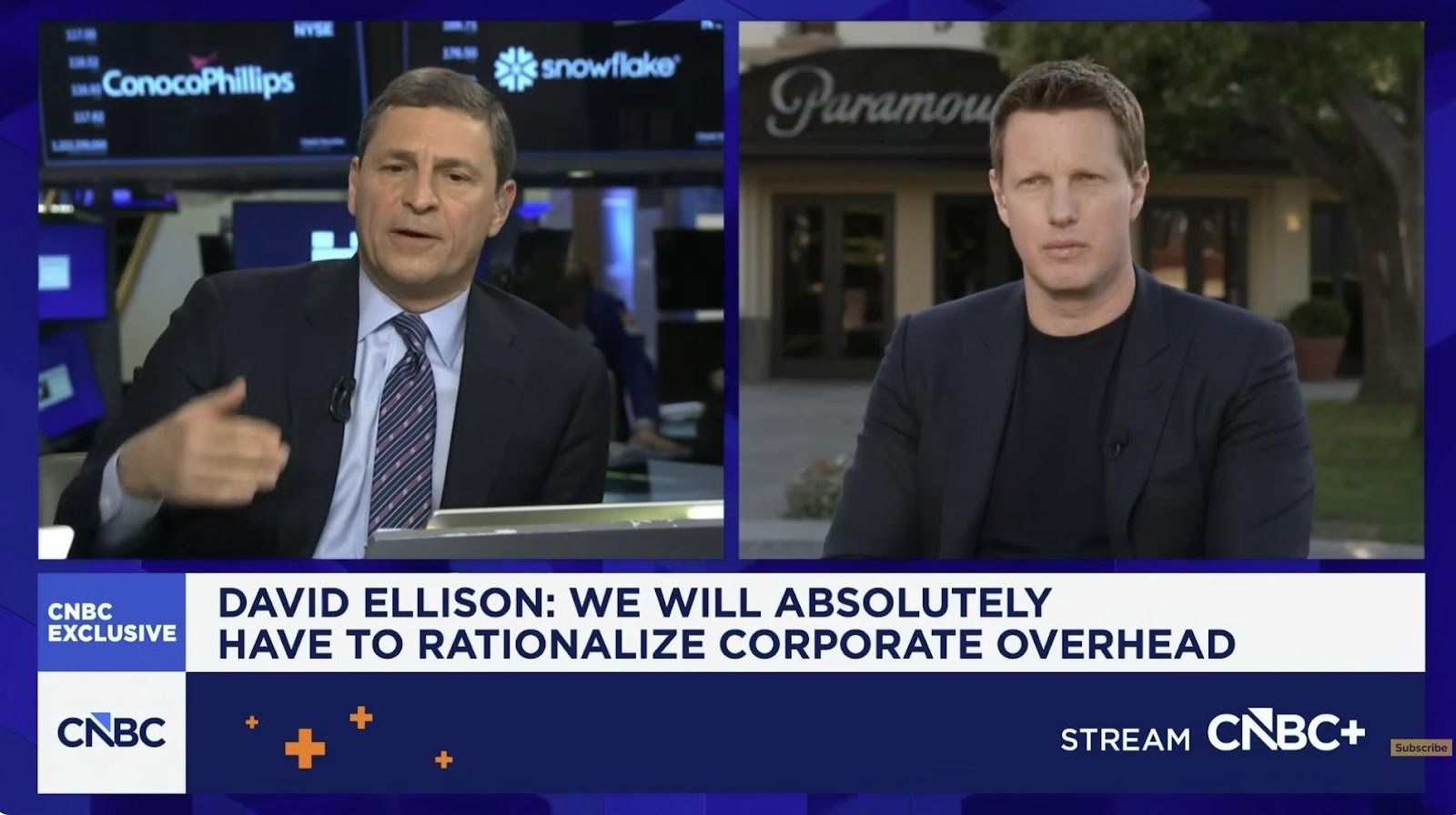 CNBC Exclusive: David Ellison interviewed on CNN editorial independence, March 5, 2026. Chyron reads: 'We will absolutely have to rationalize corporate overhead.' (Source: CNBC)