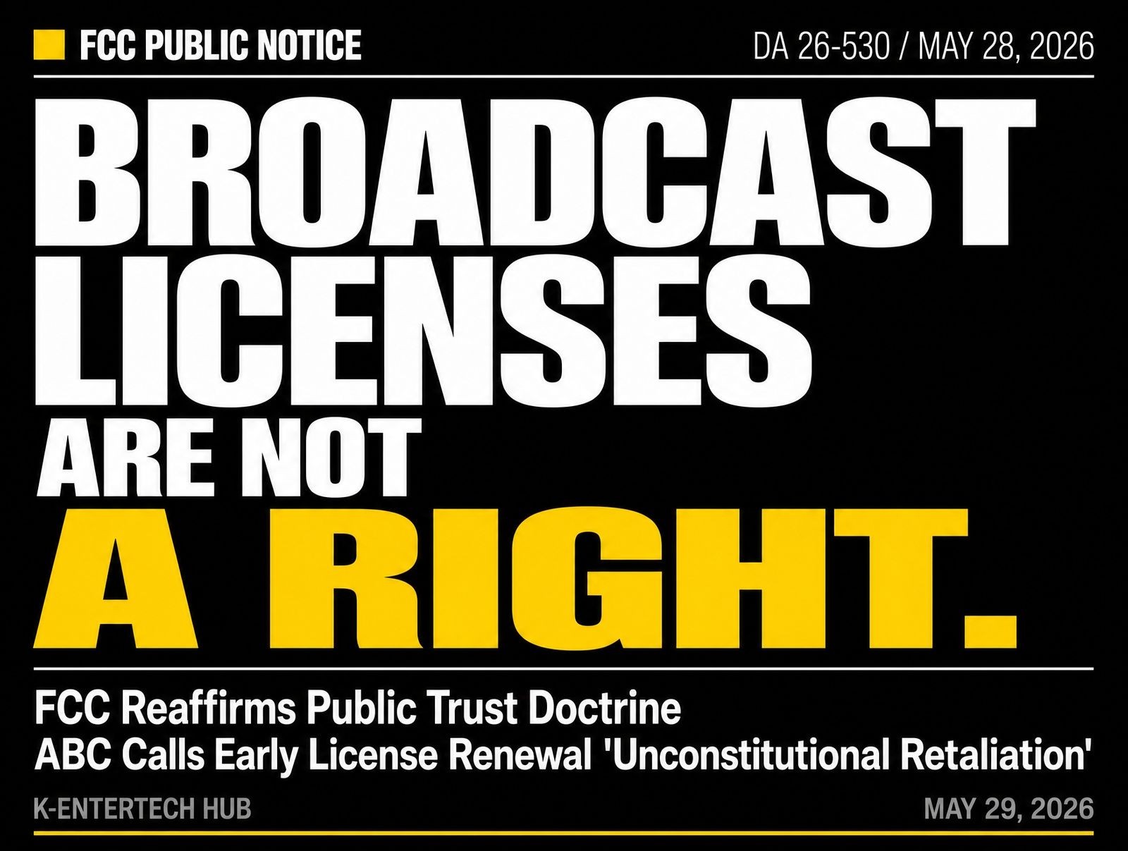 FCC Declares Broadcast Licenses a “Public Trust, Not a Right,” Tightening Pressure on Networks