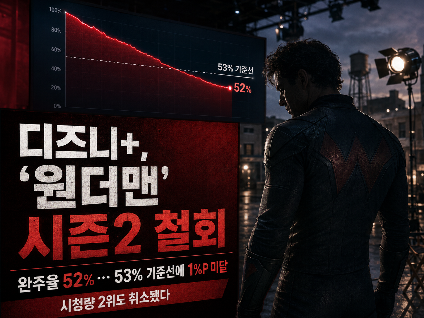 디즈니+, '원더맨' 시즌2 발주 철회… 완주율(retention rate) 52%, 취소 안전선 53%에 1%포인트 못 미쳐