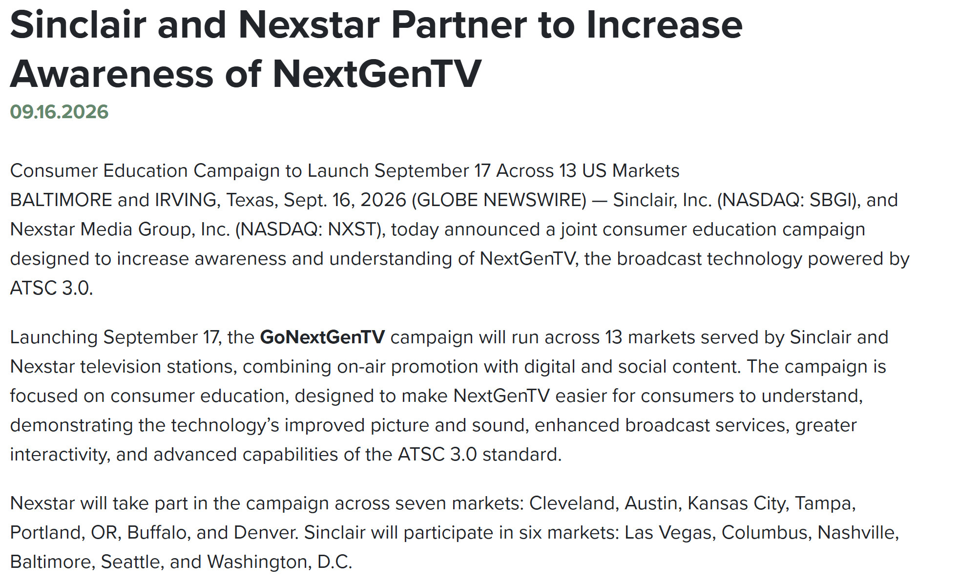 The joint release issued by Sinclair and Nexstar on Sept. 16. Source: Nexstar The joint release issued by Sinclair and Nexstar on Sept. 16. Source: Nexstar
