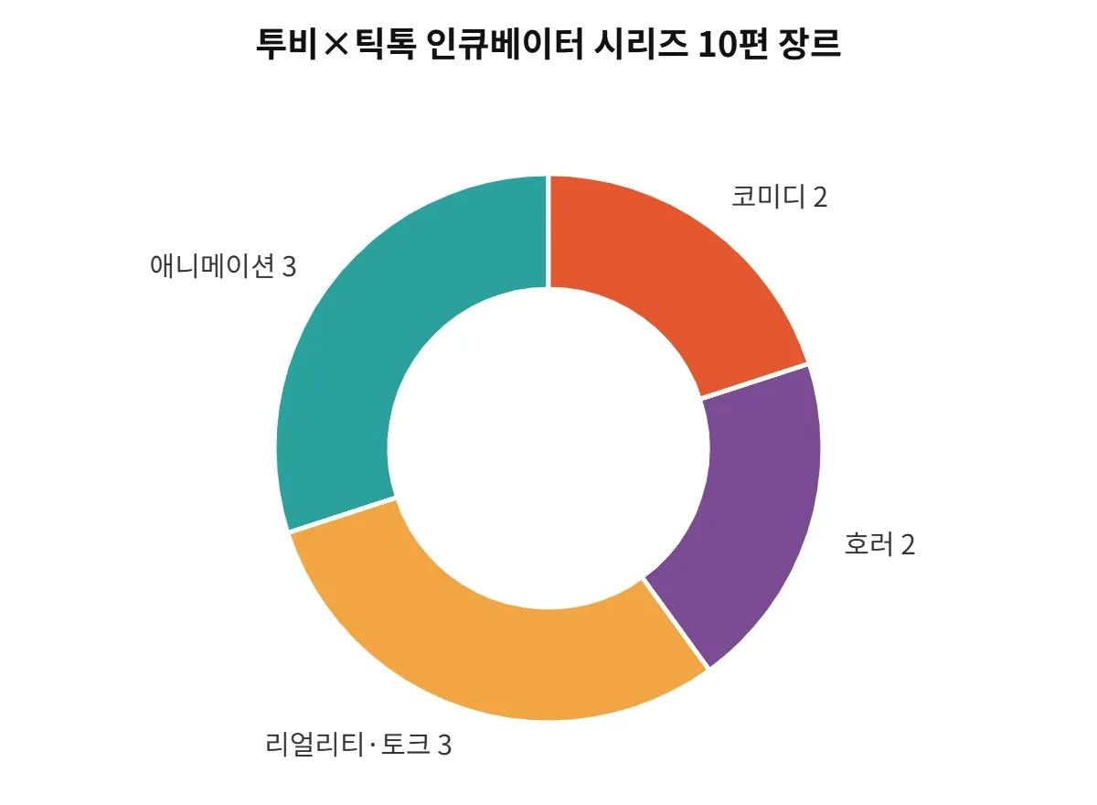 시리즈 10편 가운데 애니메이션과 리얼리티·토크가 각각 3편이다. 자료=더데스크