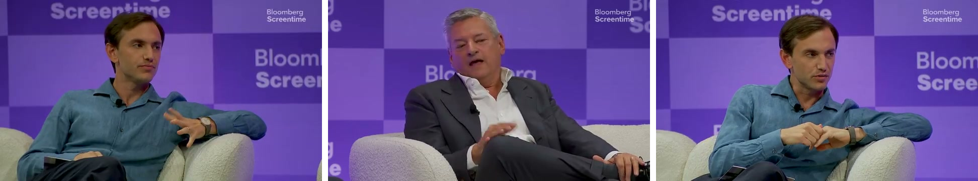 대담을 진행한 루커스 쇼 블룸버그 기자. 쇼는 워너 인수 철회 이후 투자자 반응과 유튜브 발언, 인재 이탈을 차례로 물었다. 사진=블룸버그 스크린타임 영상 갈무리