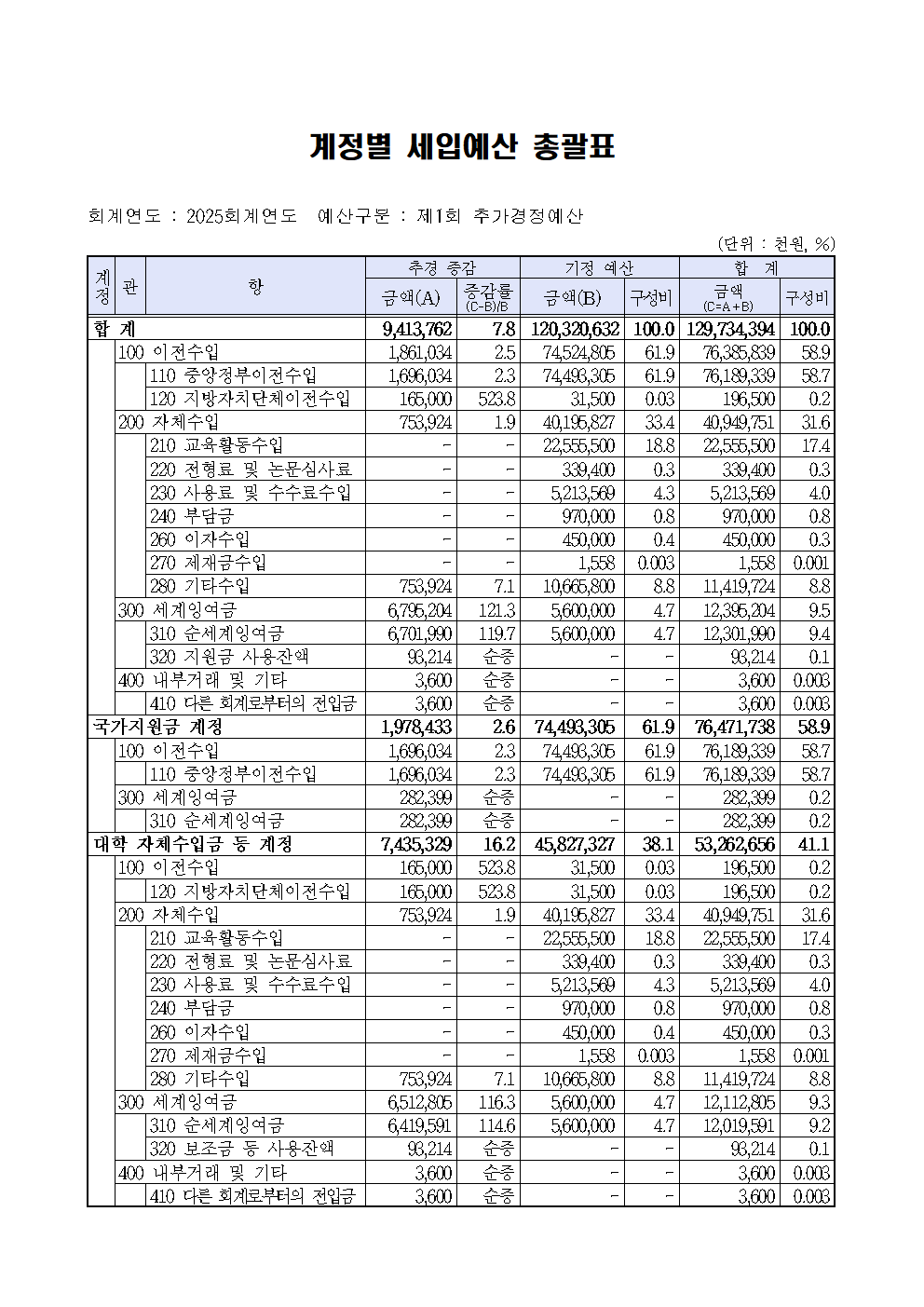 2025 대학회계 추가경정예산