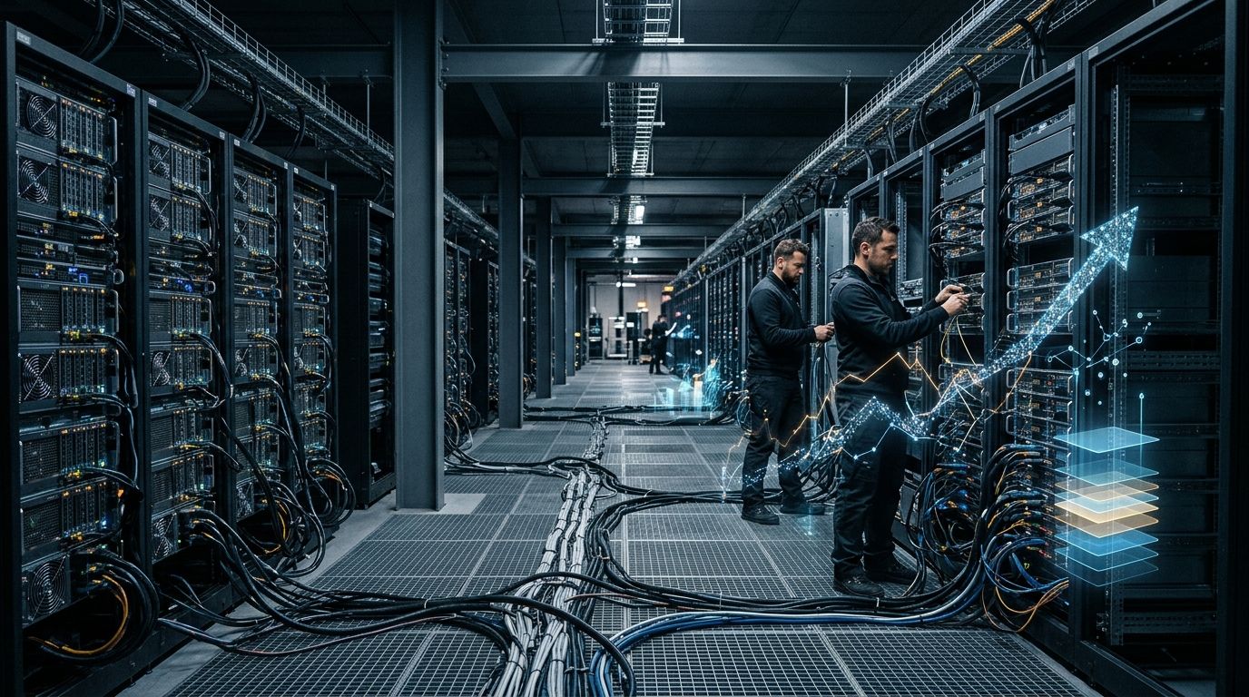 대규모 금융 계약과 AI 인프라 확장을 상징하는 첨단 데이터센터와 GPU 서버