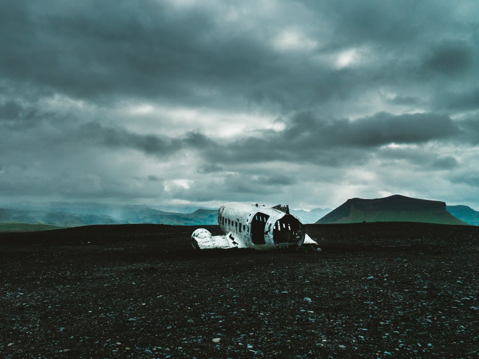 The wreckage of an airplane on a beach in Iceland
