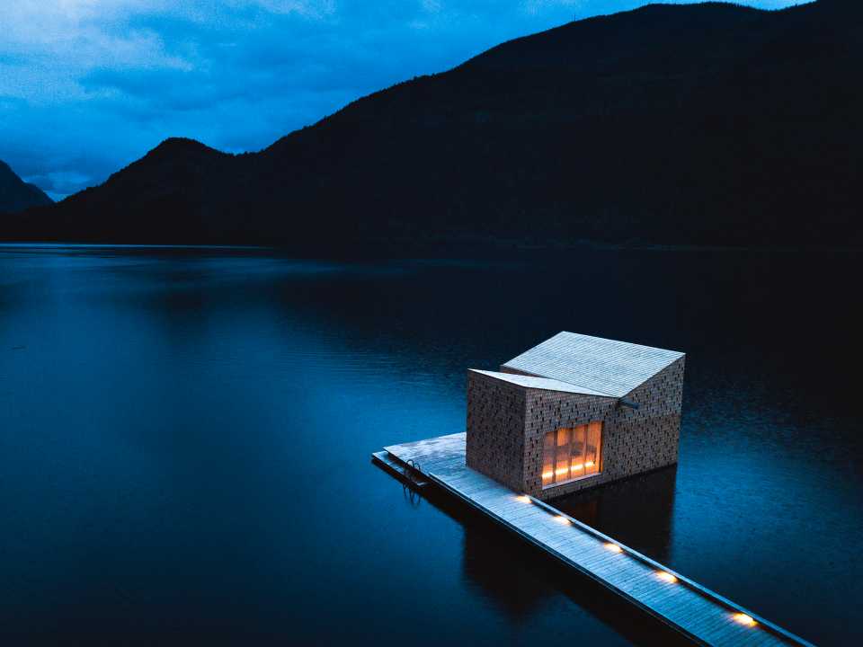Soria Moria Sauna floating on Lake Banak in Norway