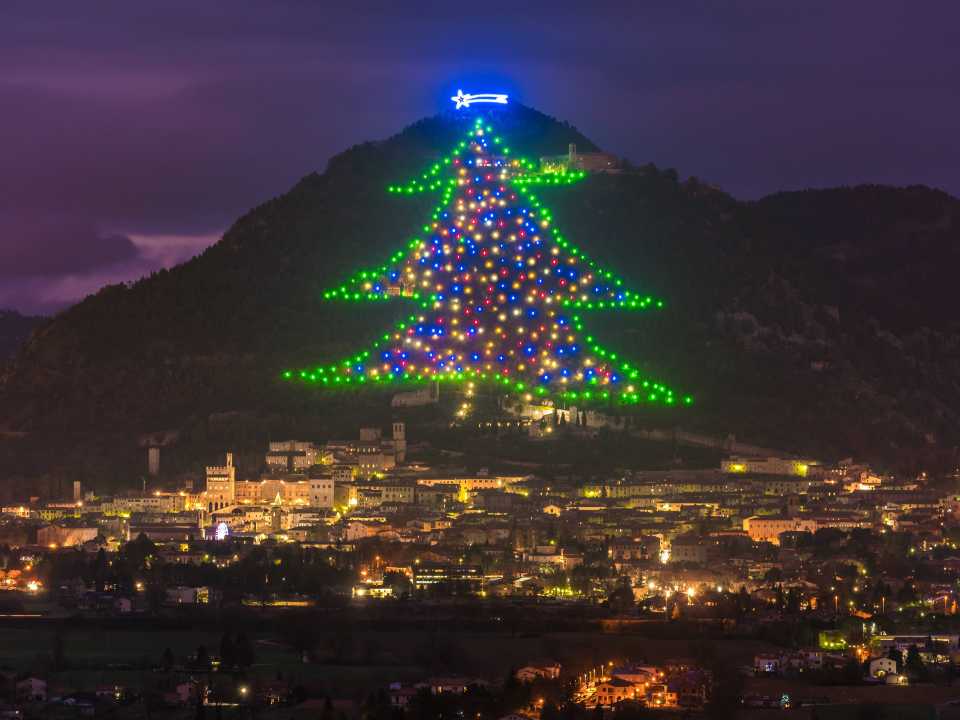 Christmas light tree installed in Gubbio, in Italy’s central Umbria region