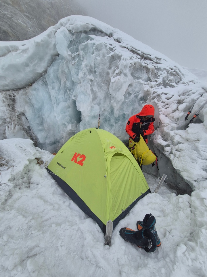 A two-person tent pitched in the Himalayas.