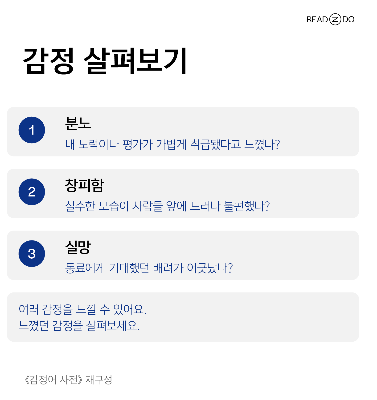 회의 장면에서 분노, 창피함, 실망을 구분해 묻는 세 가지 질문 도식