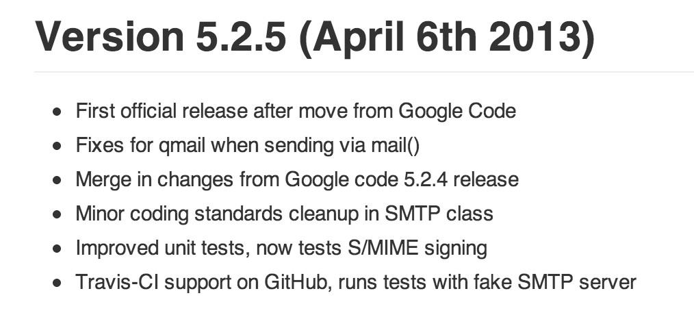 phpmailer Version 5.2.5 변경사항