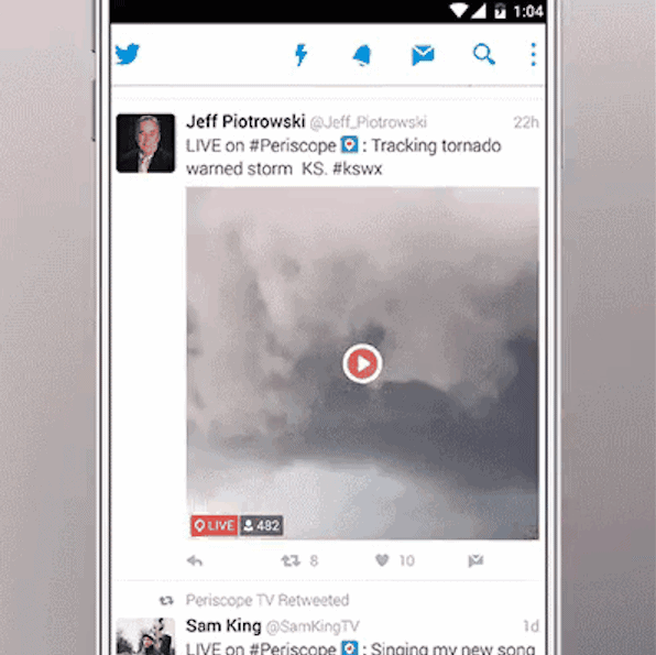 [참고 이미지] 트위터 타임라인 내 페리스코프 생방송 자동재생 화면 캡쳐